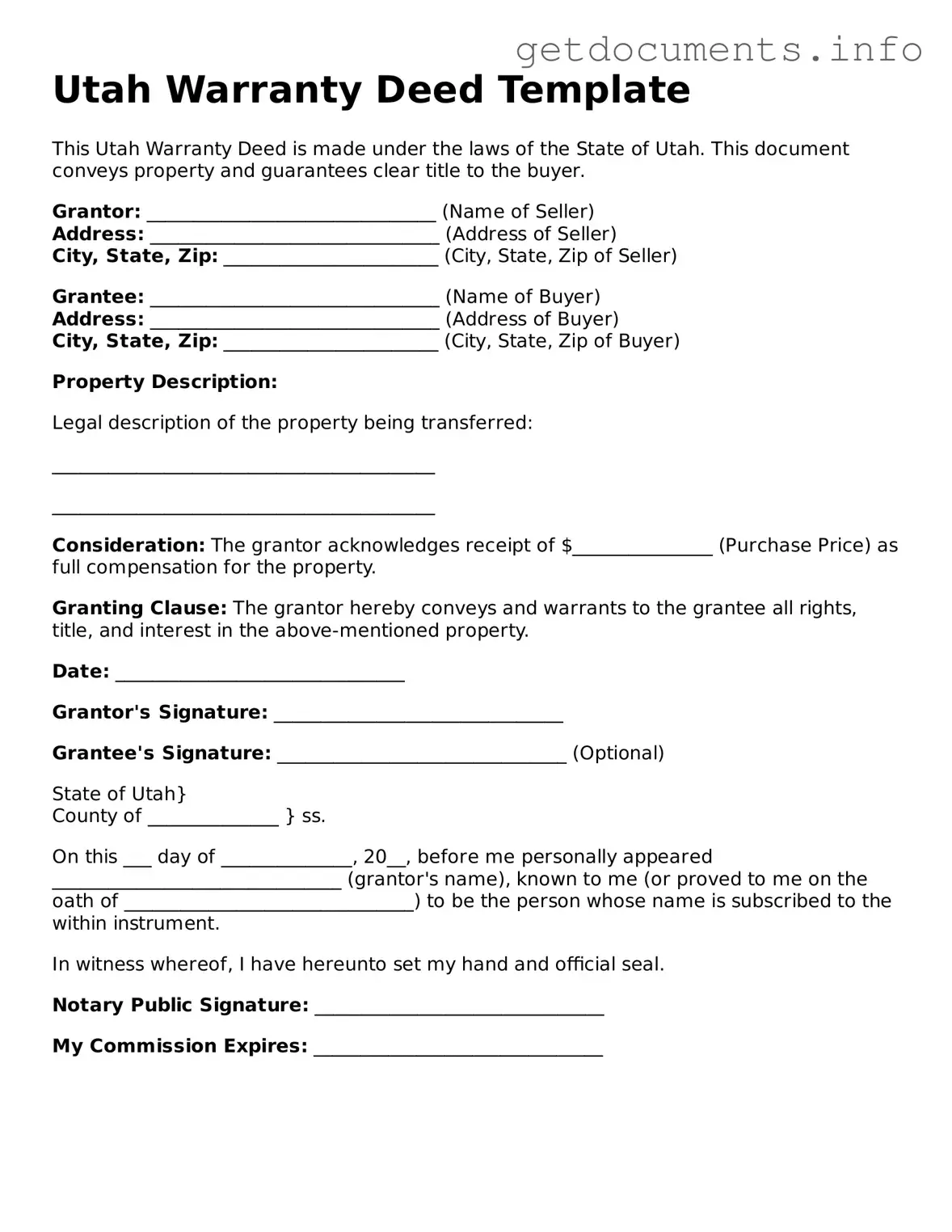 Free Deed Template for Utah