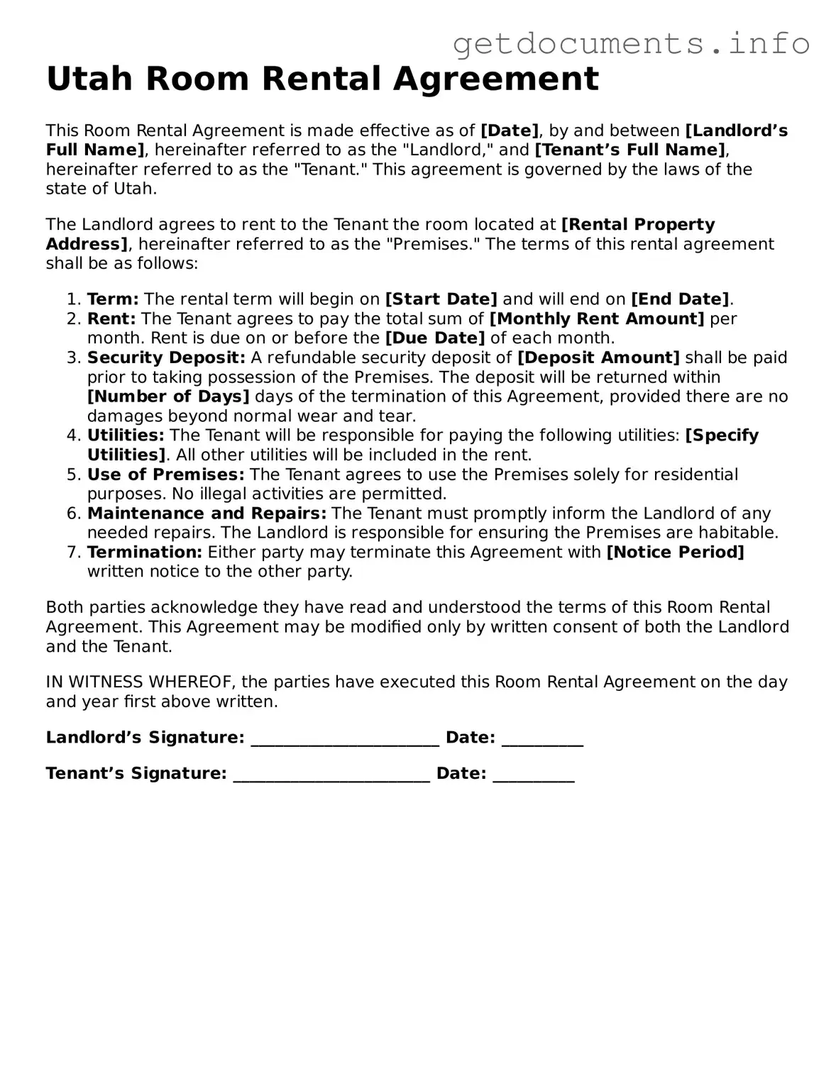 Free  Room Rental Agreement Template for Utah