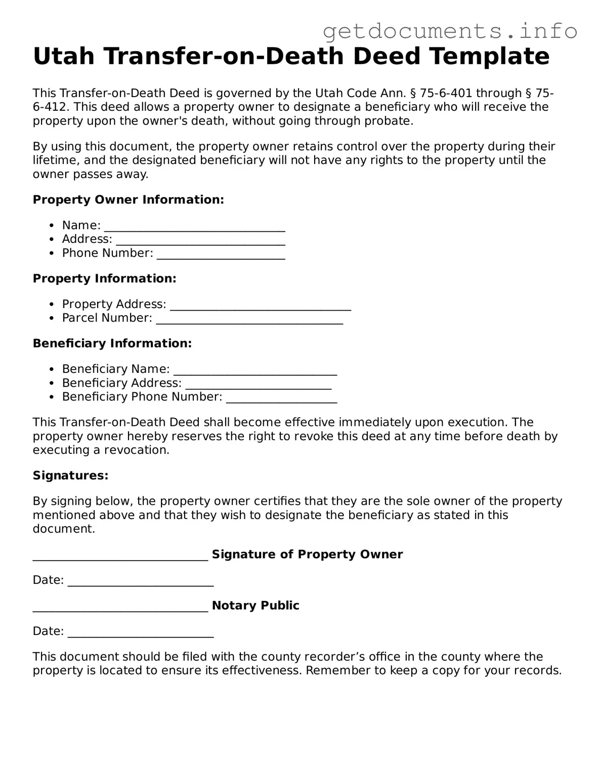 Free Transfer-on-Death Deed Template for Utah