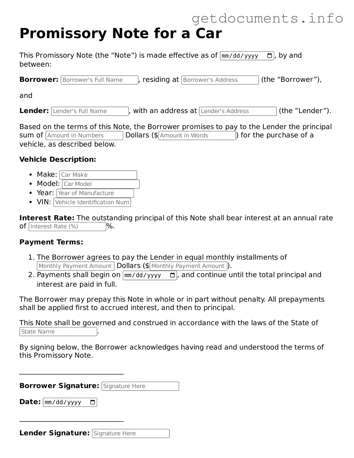 Printable Promissory Note for a Car Document