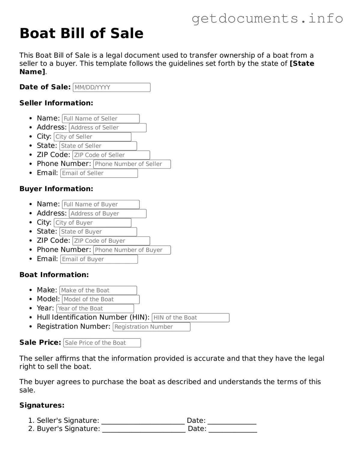 Printable Boat Bill of Sale Document