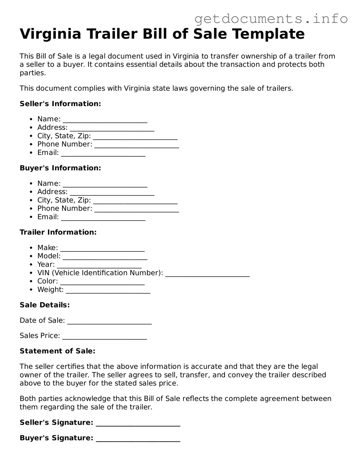 Free  Trailer Bill of Sale Template for Virginia