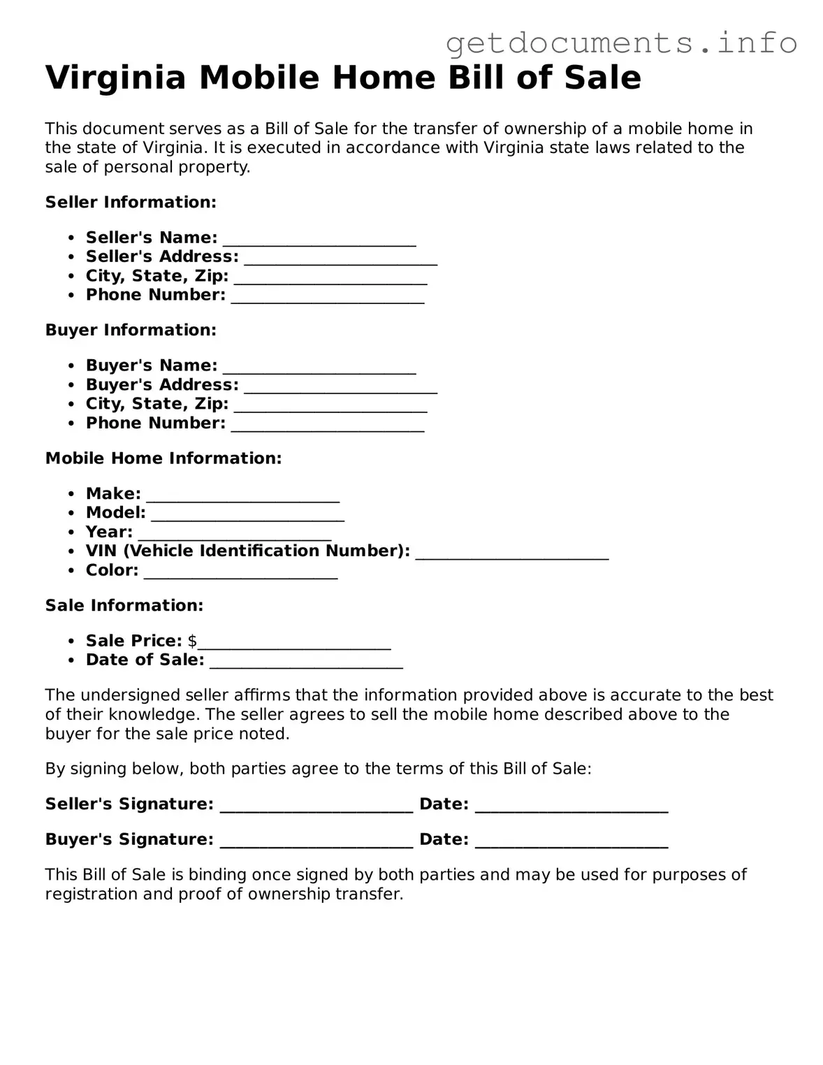 Free Mobile Home Bill of Sale Template for Virginia