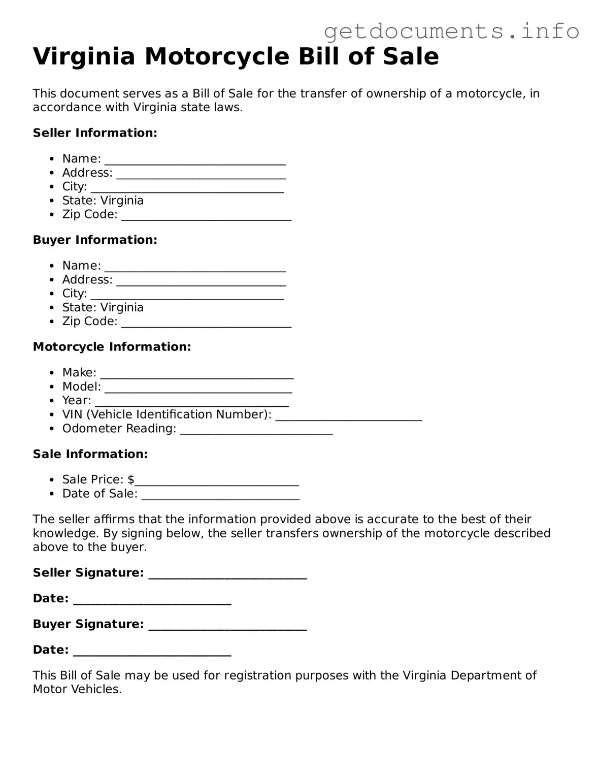 Free Motorcycle Bill of Sale Template for Virginia