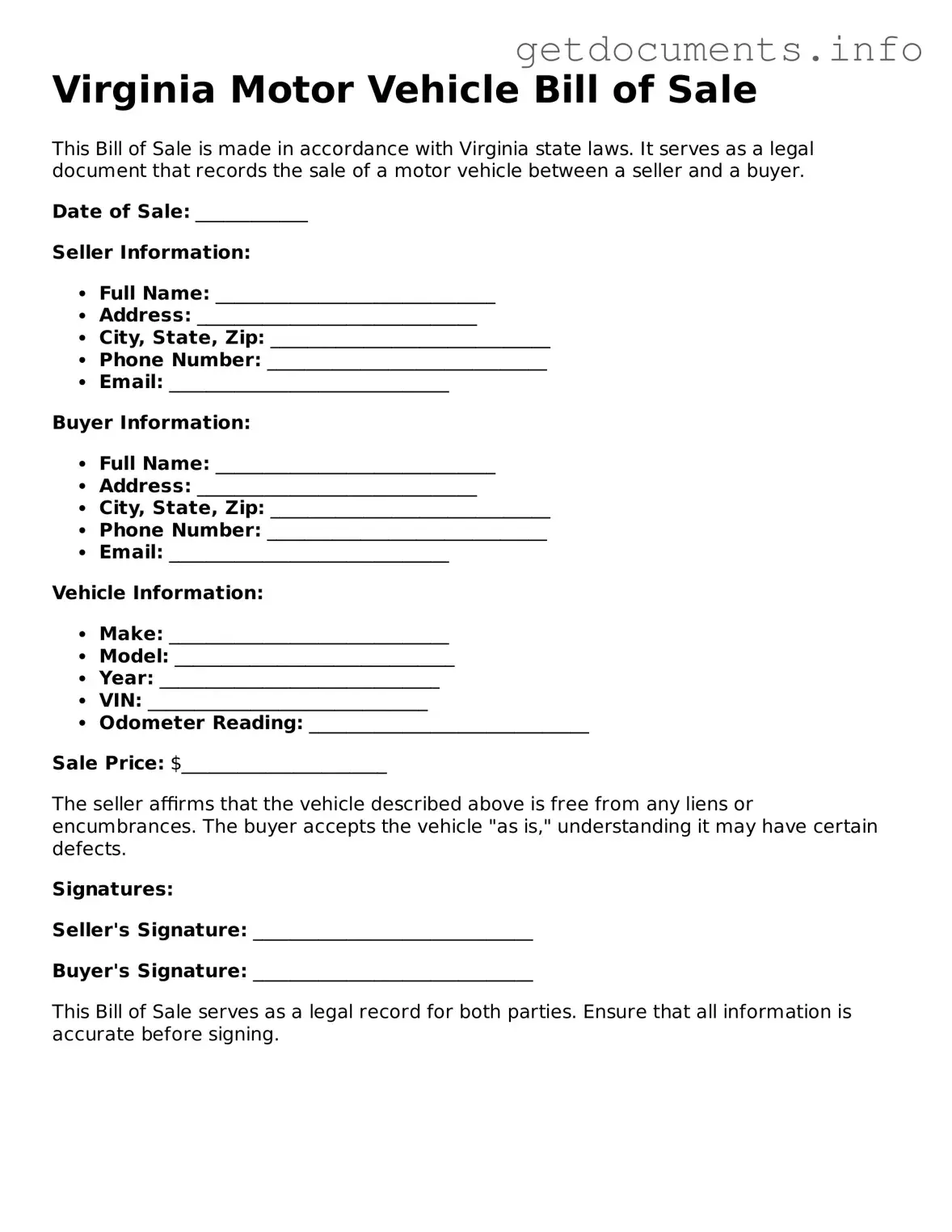 Free Motor Vehicle Bill of Sale Template for Virginia