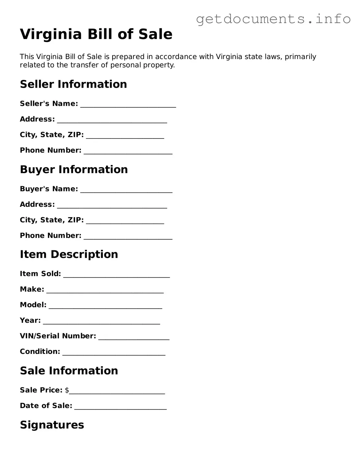 Free  Bill of Sale Template for Virginia