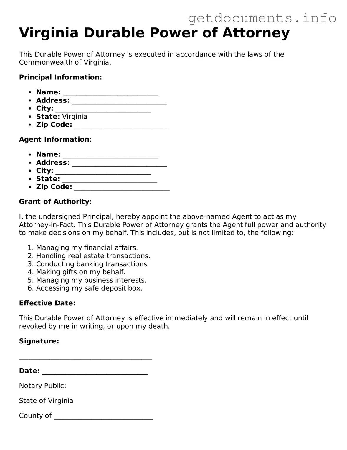 Free  Durable Power of Attorney Template for Virginia