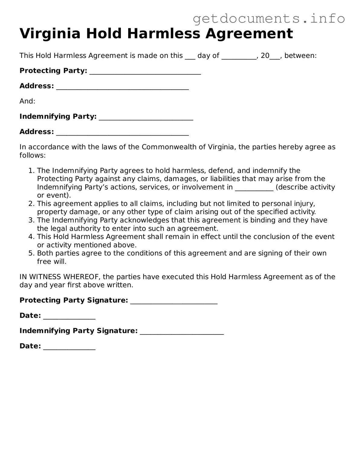 Free  Hold Harmless Agreement Template for Virginia
