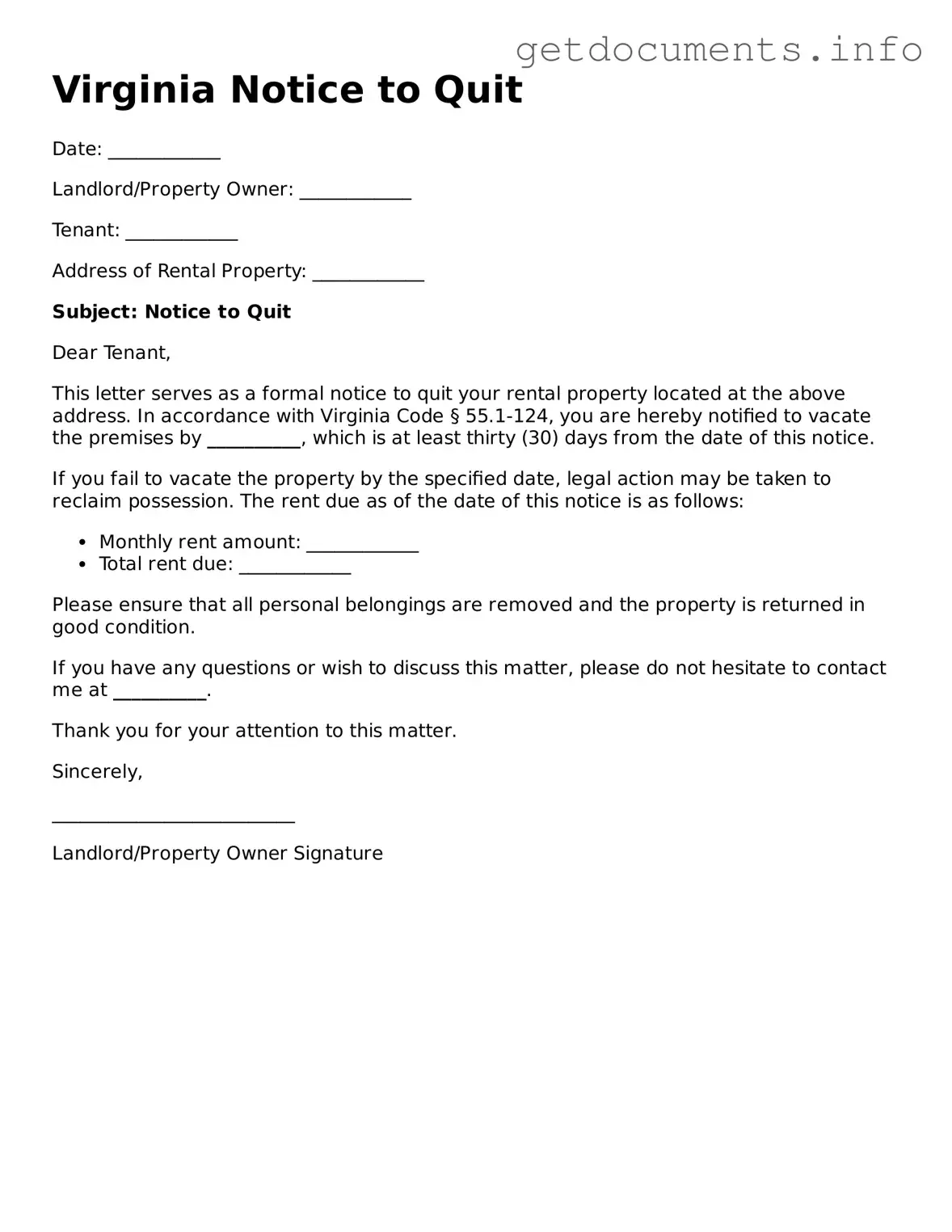 Free  Notice to Quit Template for Virginia