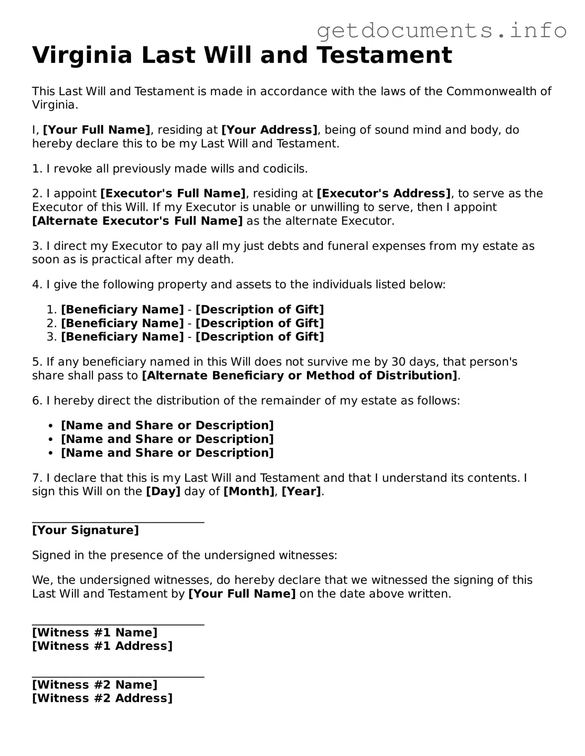 Free Last Will and Testament Template for Virginia