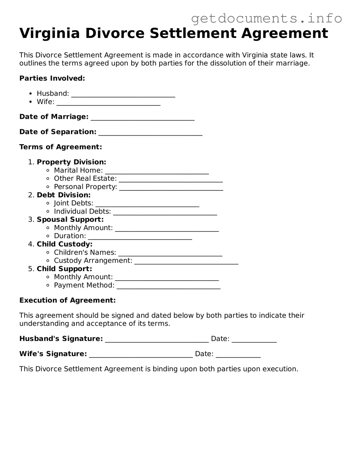 Free Divorce Settlement Agreement Template for Virginia