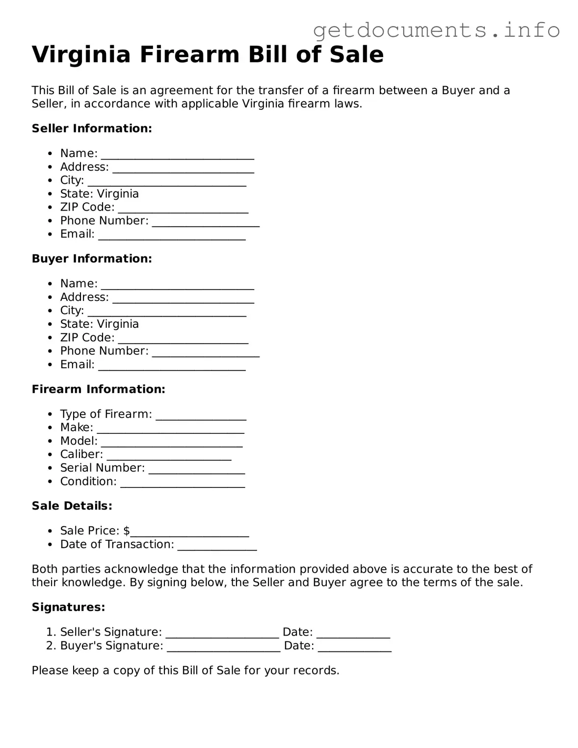 Free Firearm Bill of Sale Template for Virginia