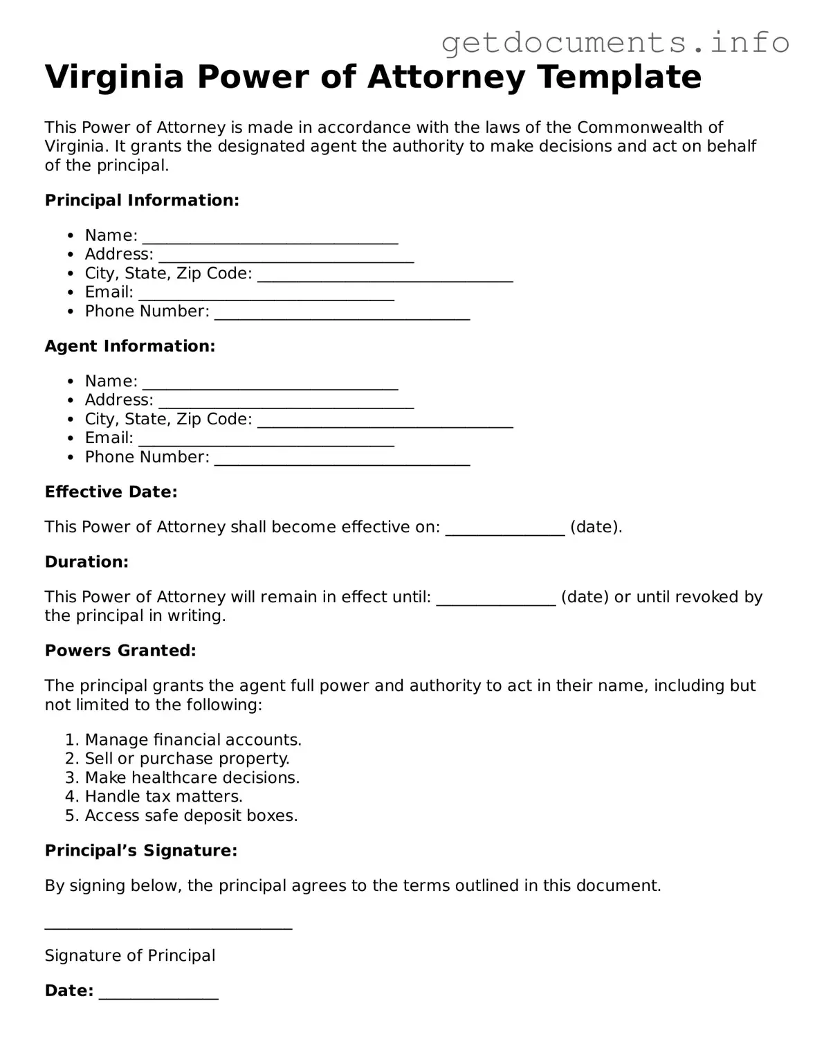 Free Power of Attorney Template for Virginia