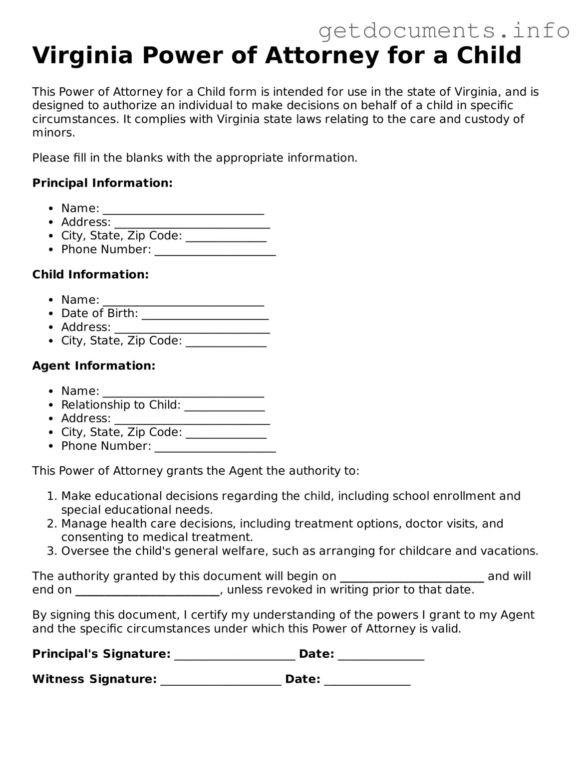 Free Power of Attorney for a Child Template for Virginia