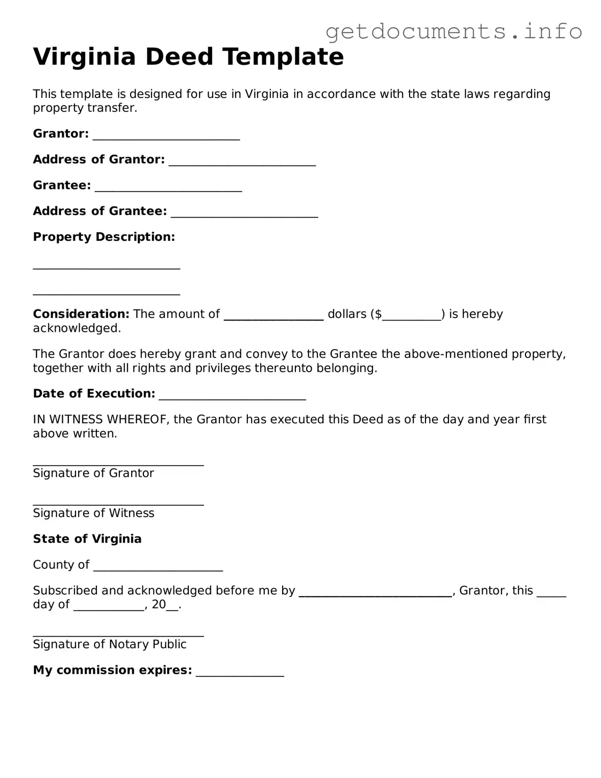 Free Deed Template for Virginia