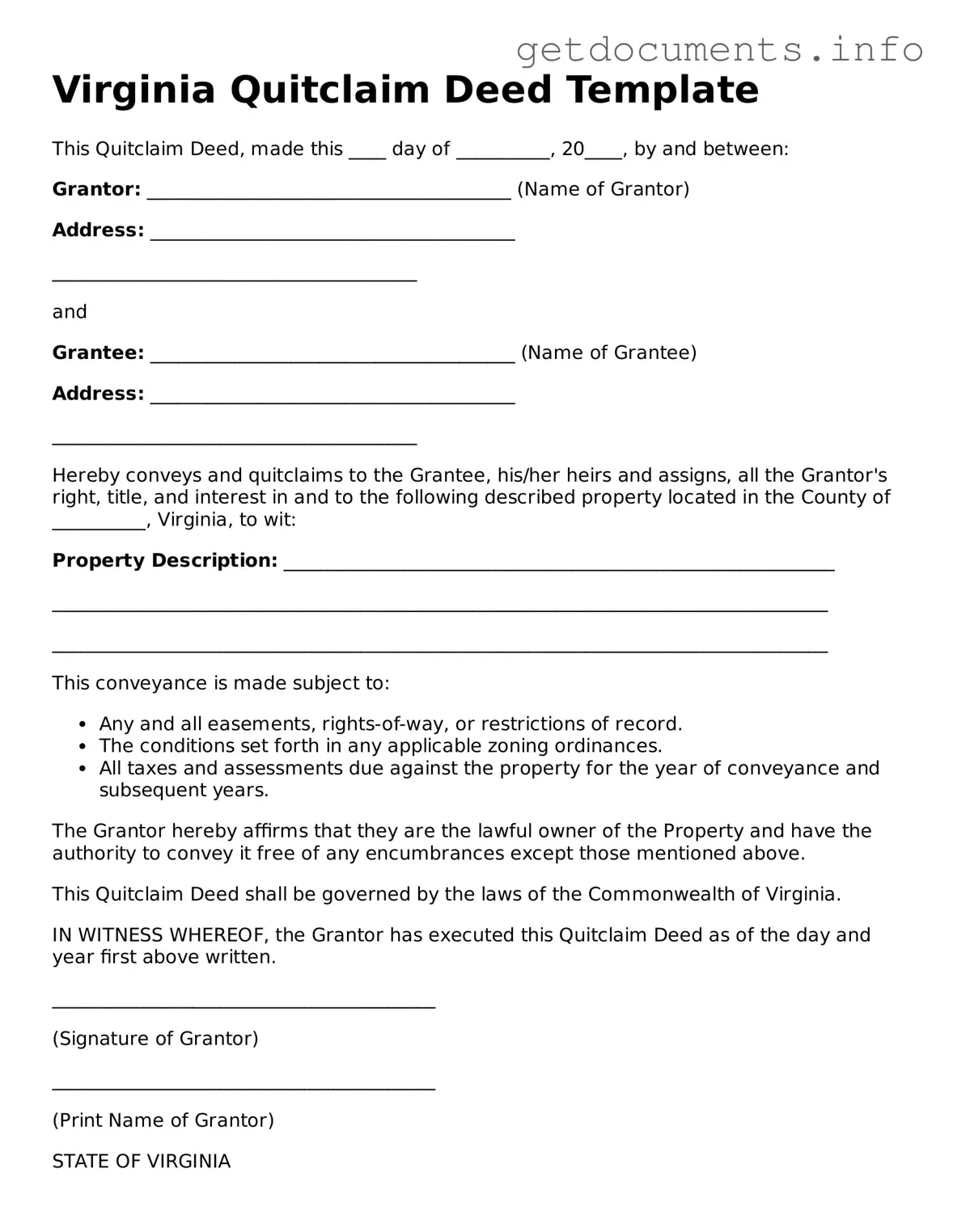 Free  Quitclaim Deed Template for Virginia