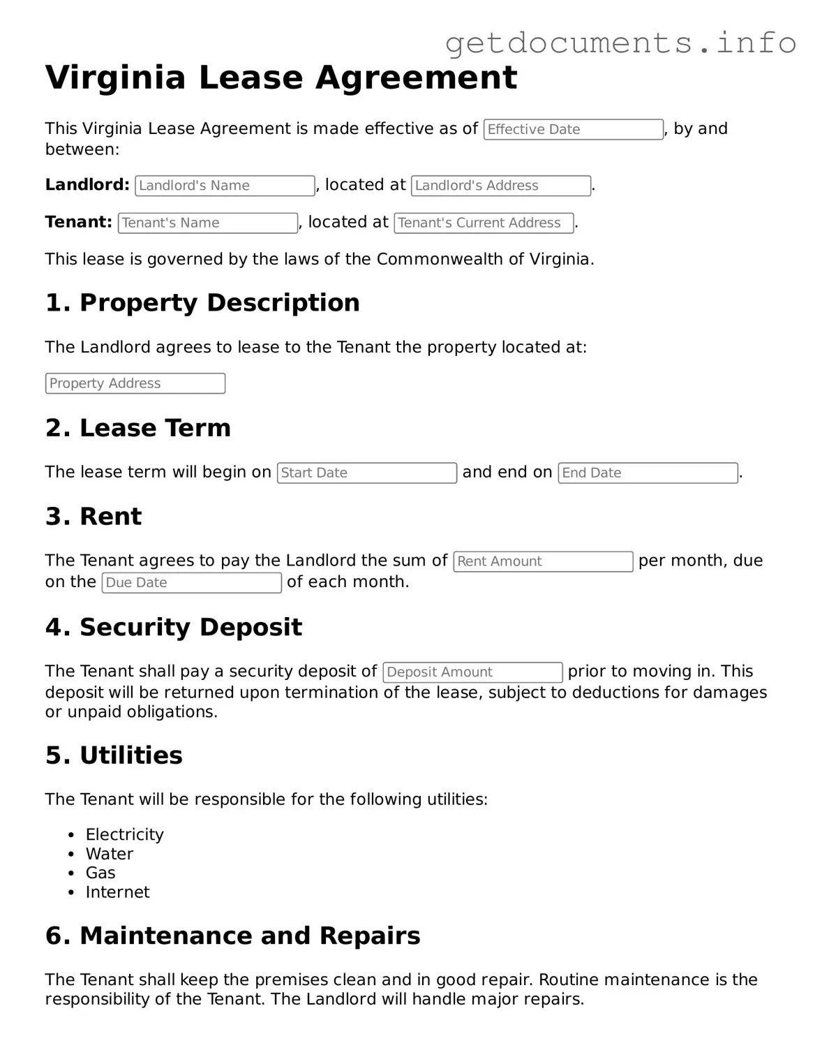 Free Lease Agreement Template for Virginia