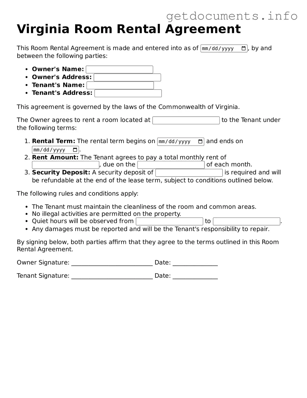 Free Room Rental Agreement Template for Virginia