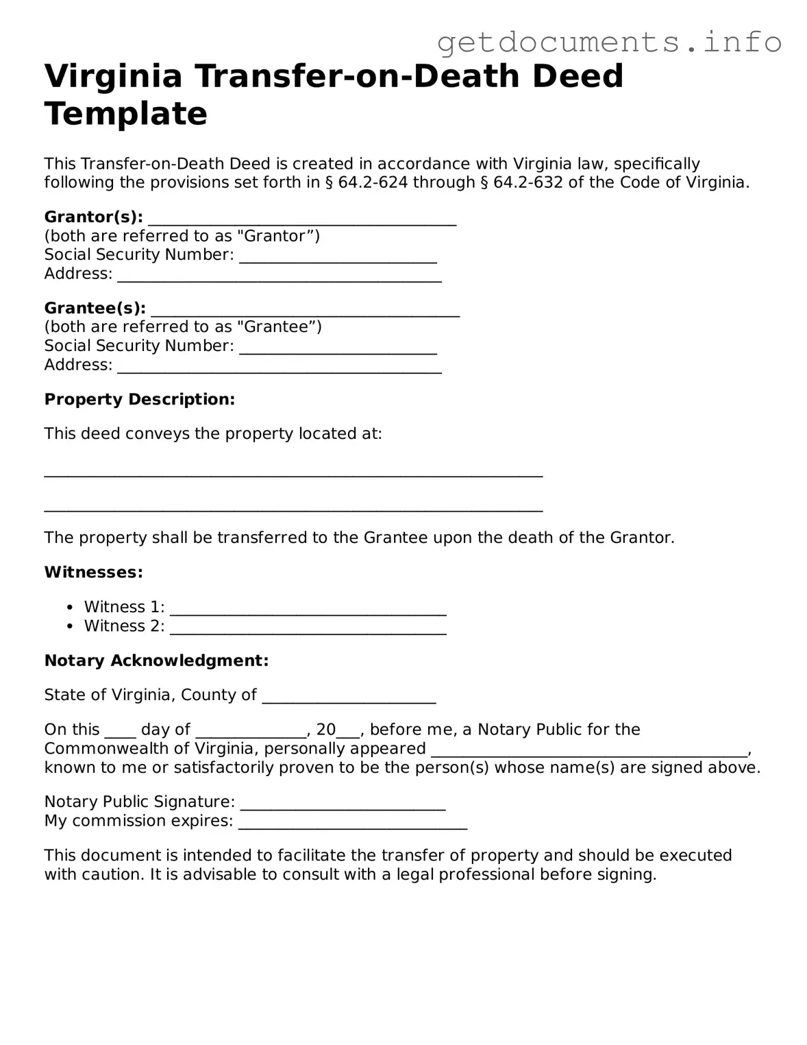 Free  Transfer-on-Death Deed Template for Virginia