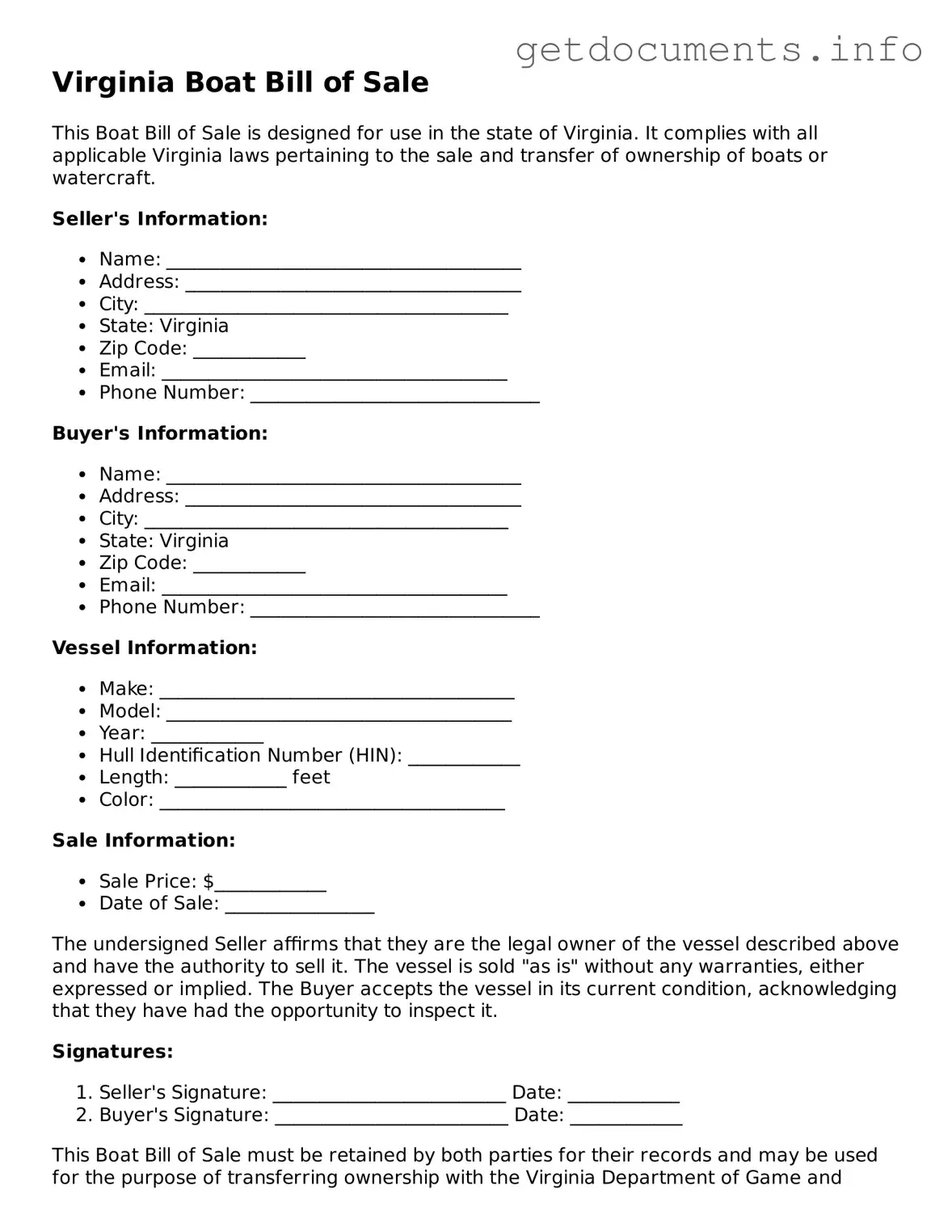 Free Boat Bill of Sale Template for Virginia