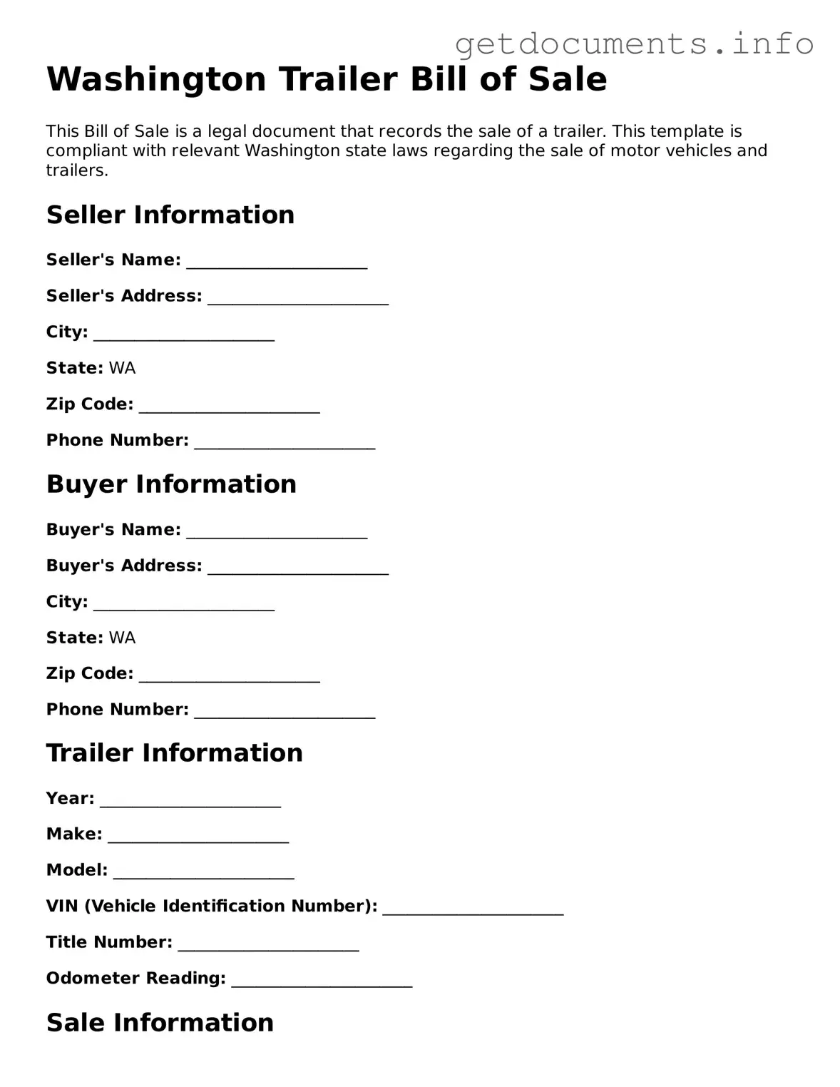 Free  Trailer Bill of Sale Template for Washington