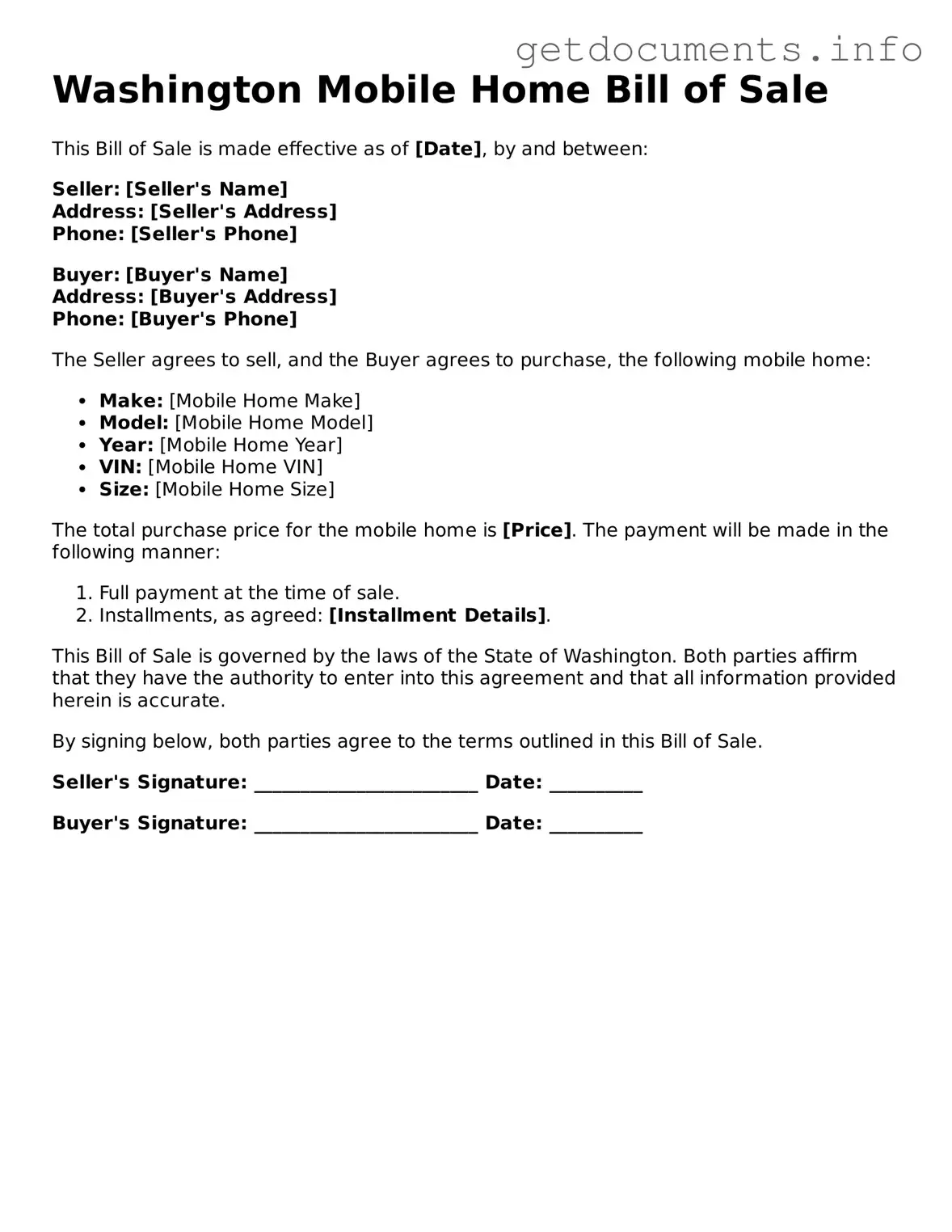 Free  Mobile Home Bill of Sale Template for Washington