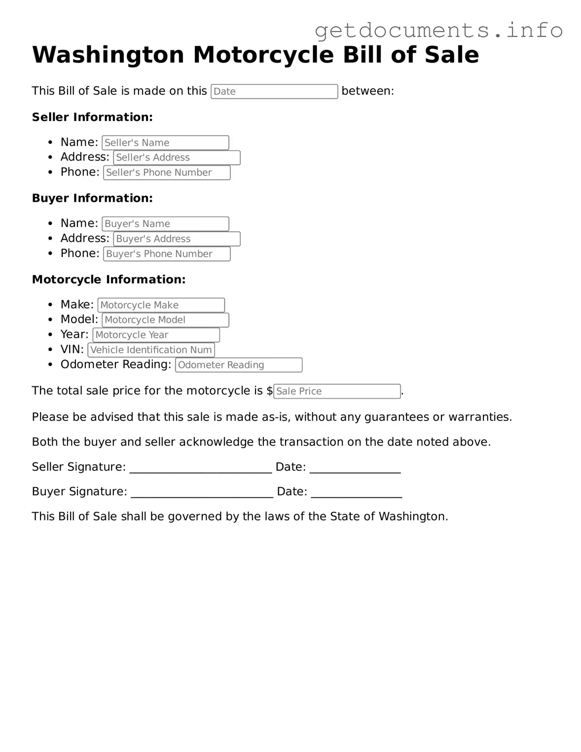 Free  Motorcycle Bill of Sale Template for Washington