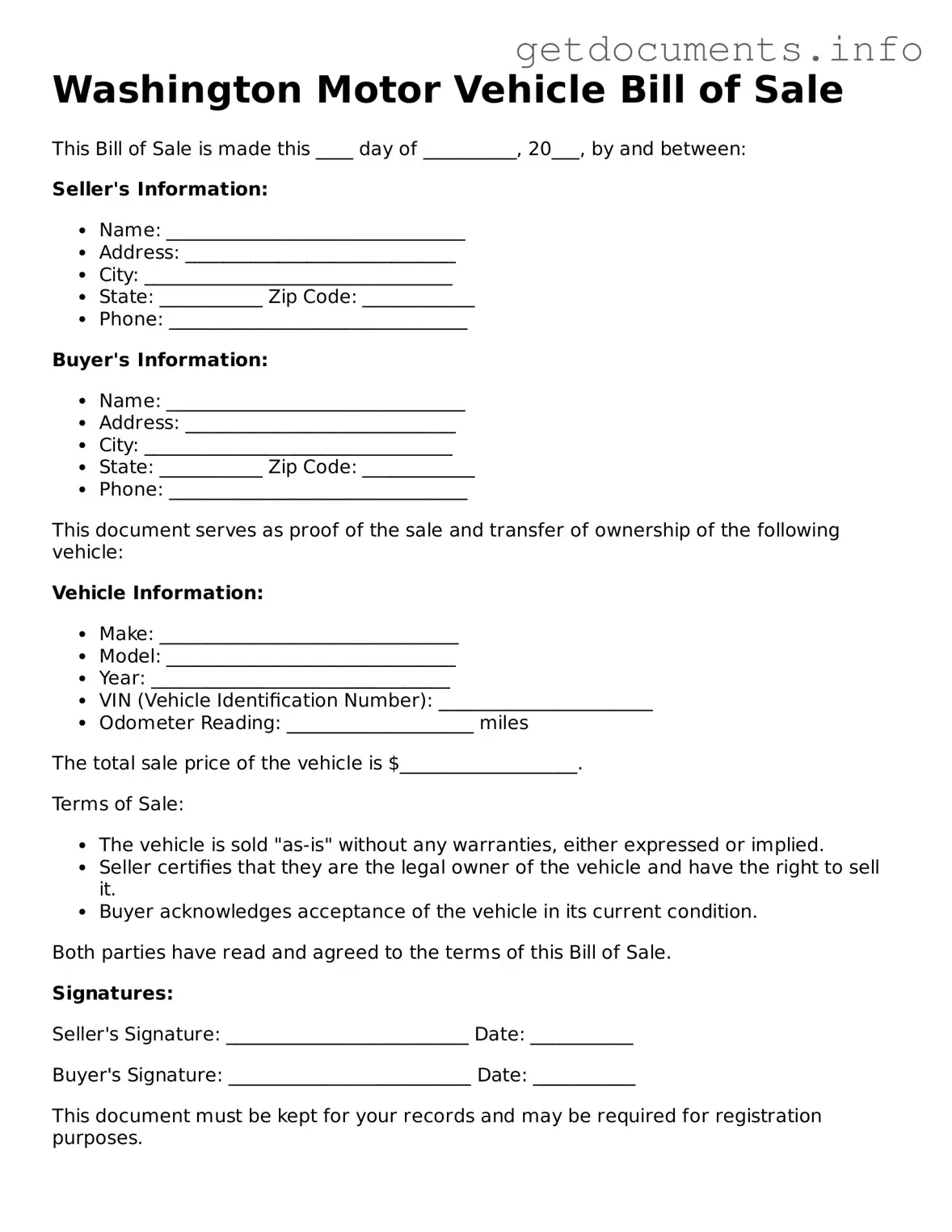 Free Motor Vehicle Bill of Sale Template for Washington