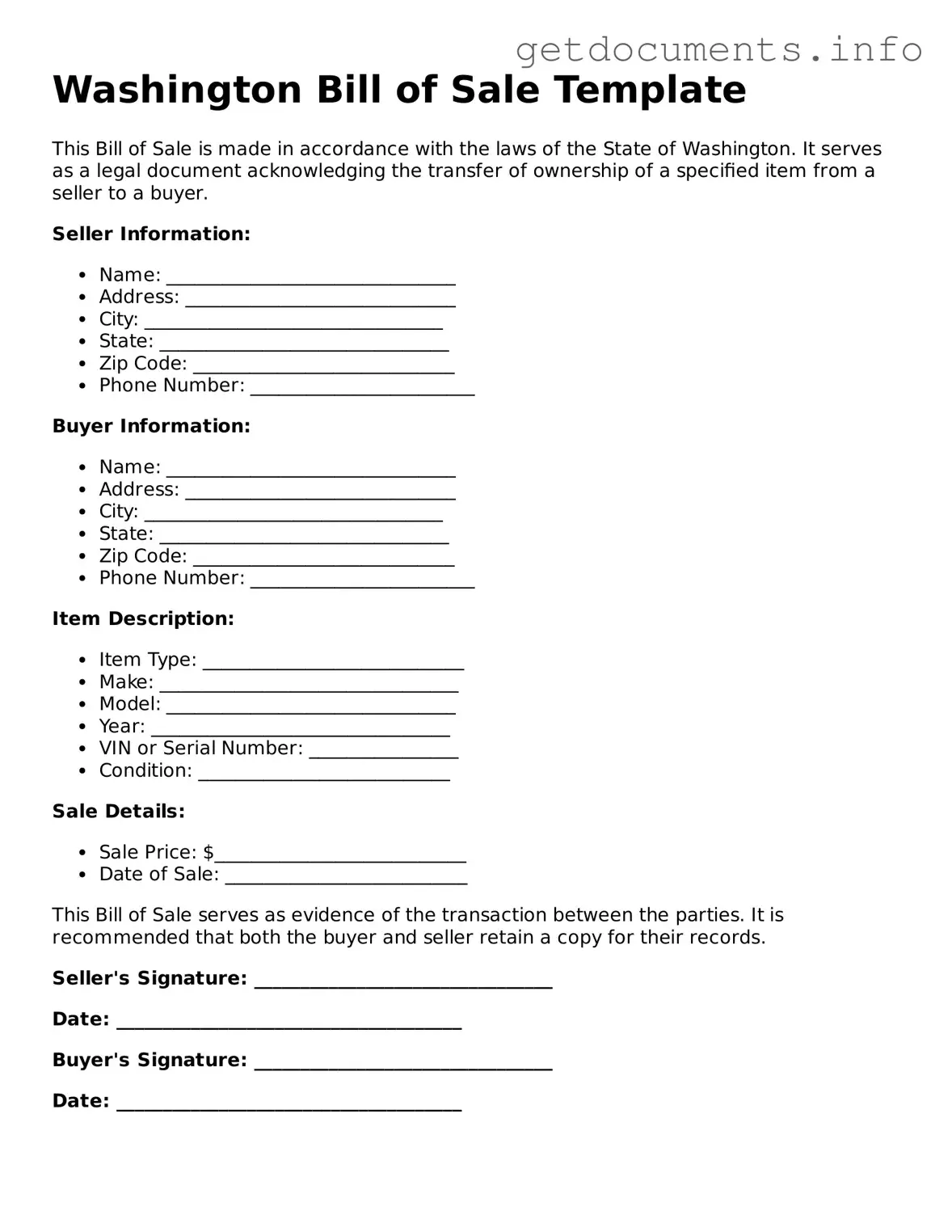 Free Bill of Sale Template for Washington