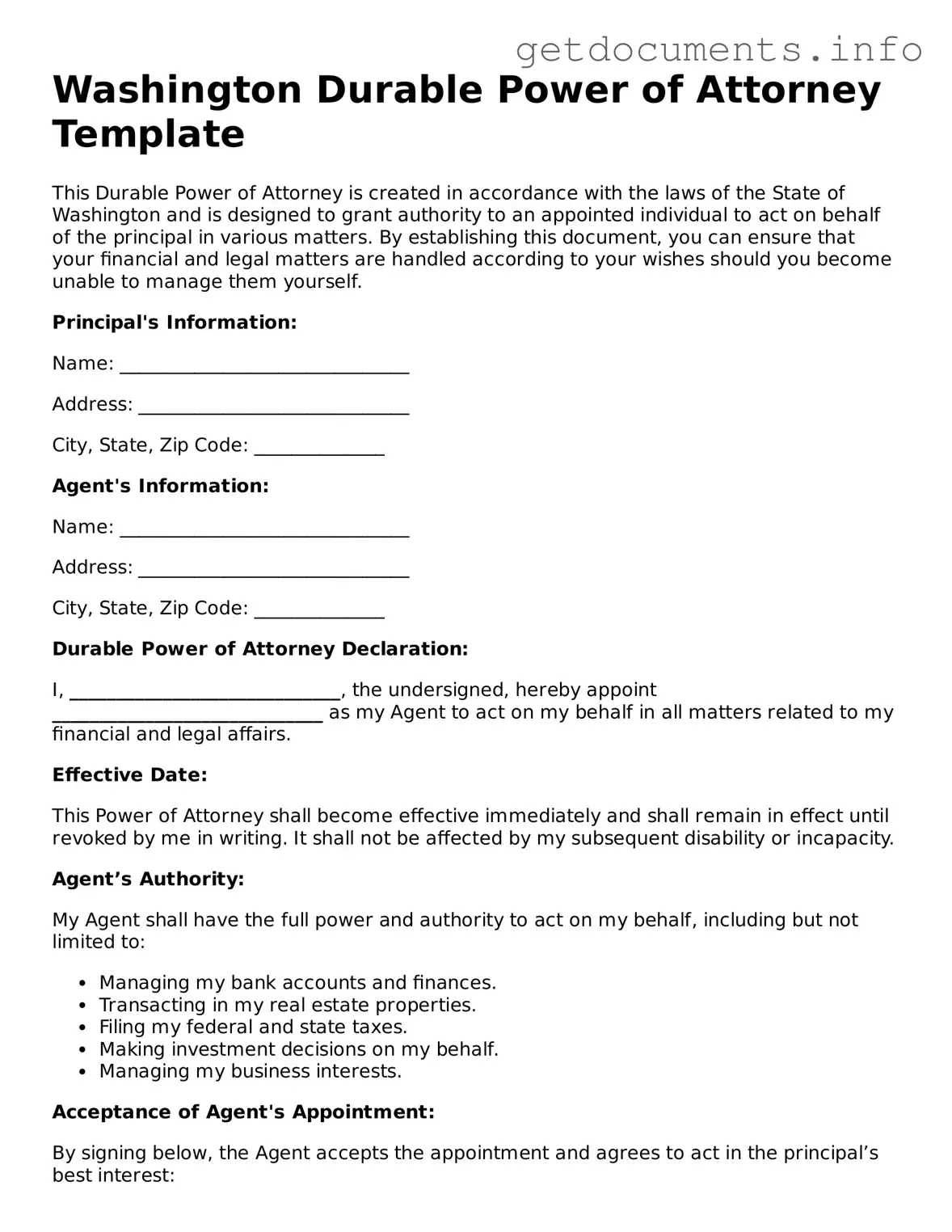 Free Durable Power of Attorney Template for Washington