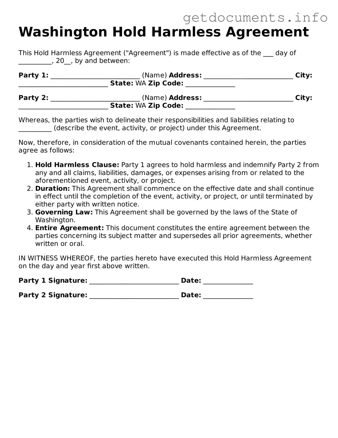 Free Hold Harmless Agreement Template for Washington