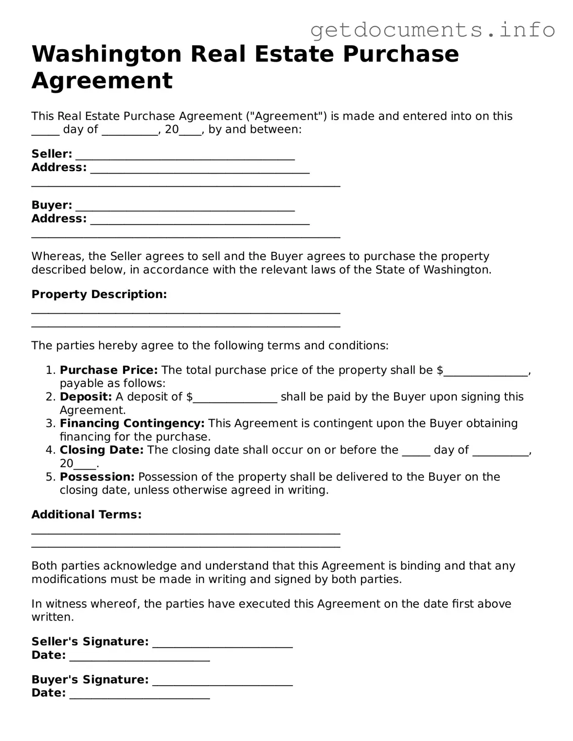 Free  Real Estate Purchase Agreement Template for Washington