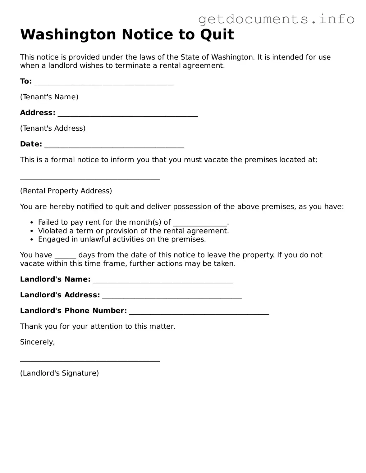 Free  Notice to Quit Template for Washington