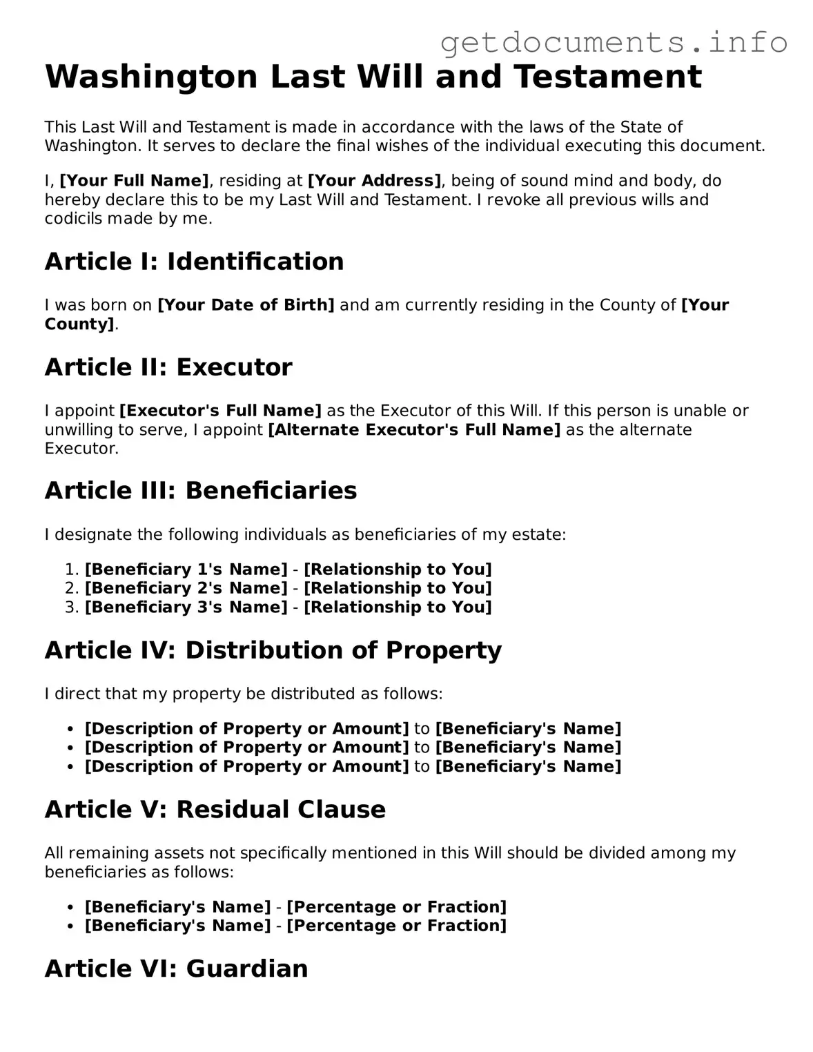 Free Last Will and Testament Template for Washington