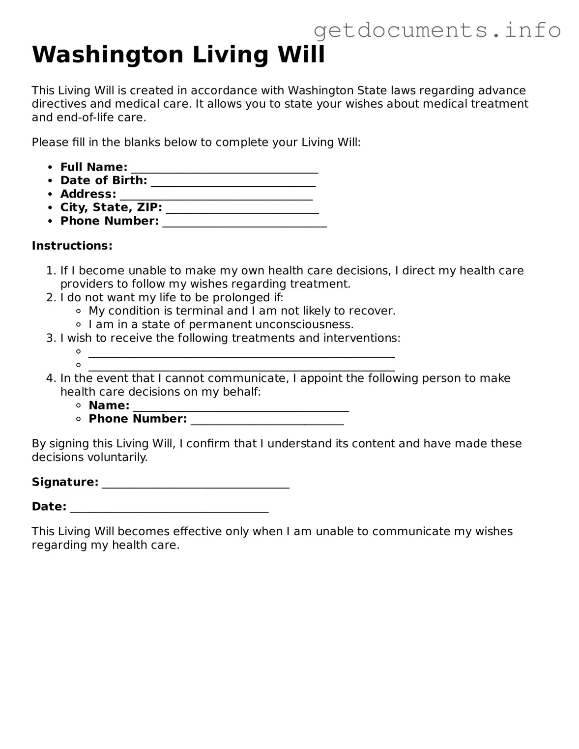 Free  Living Will Template for Washington