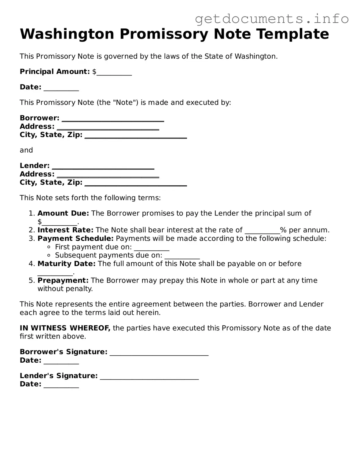 Free  Promissory Note Template for Washington