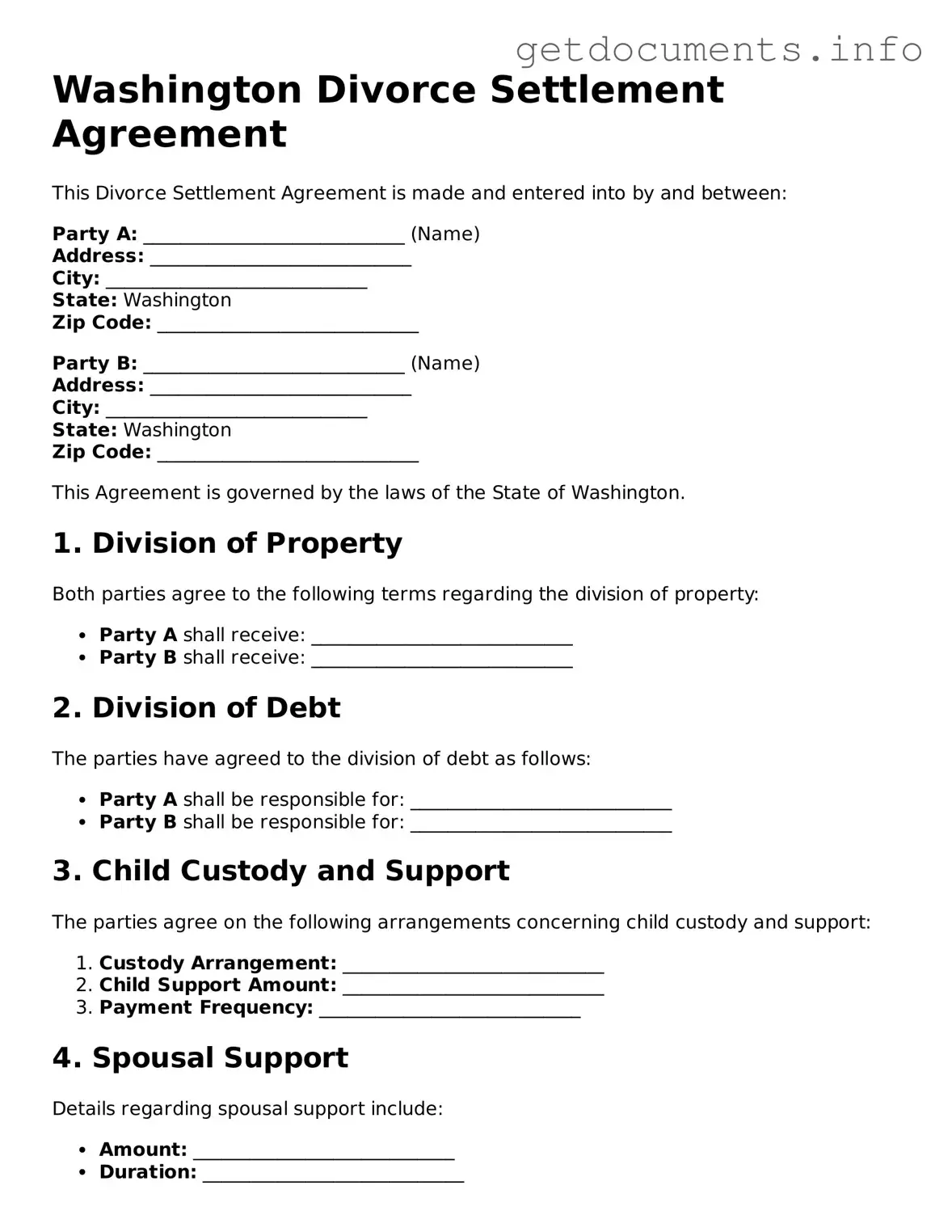 Free Divorce Settlement Agreement Template for Washington