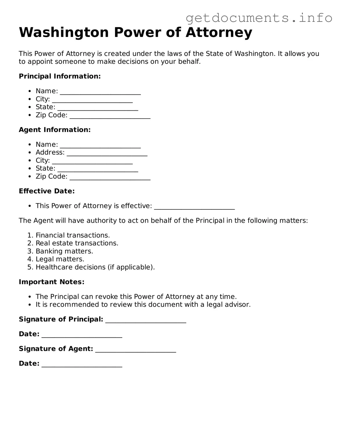Free Power of Attorney Template for Washington