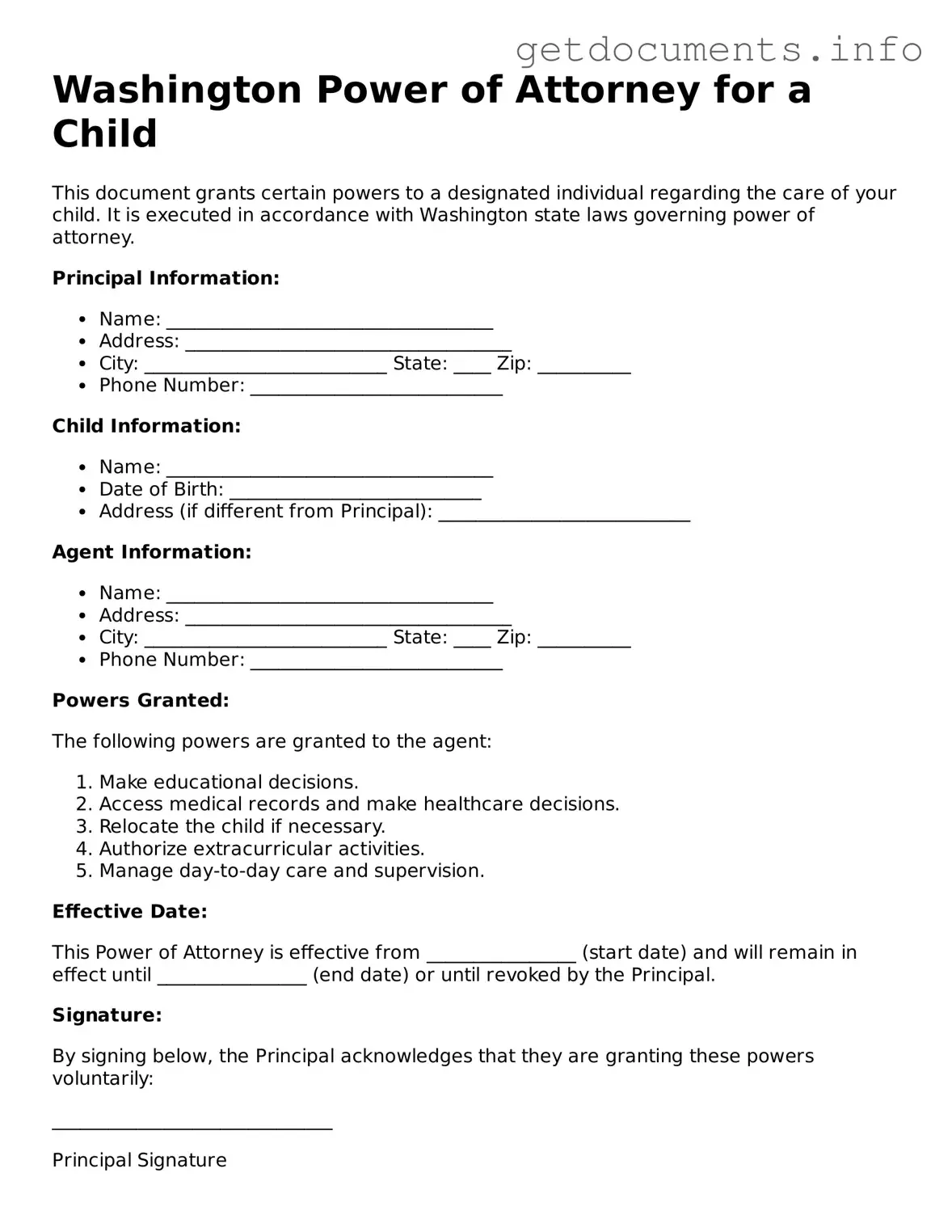 Free  Power of Attorney for a Child Template for Washington