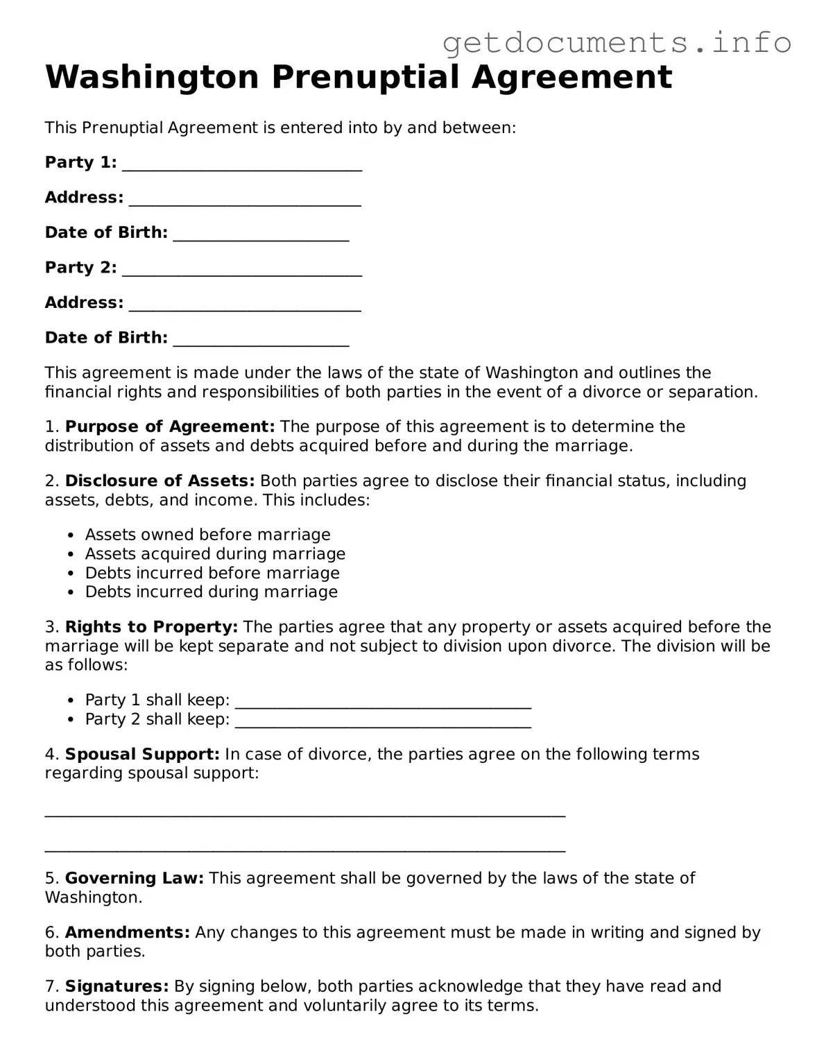 Free  Prenuptial Agreement Template for Washington