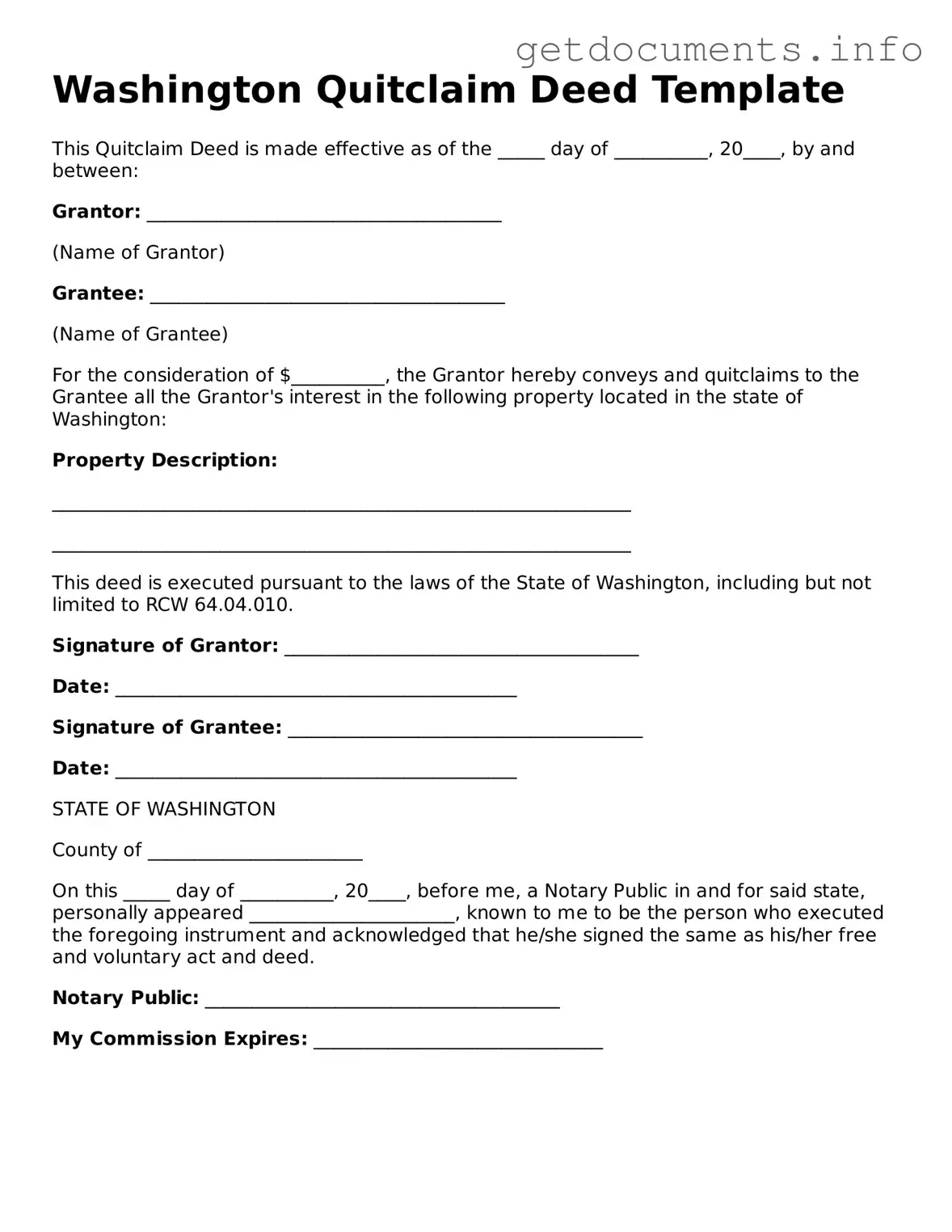 Free  Quitclaim Deed Template for Washington