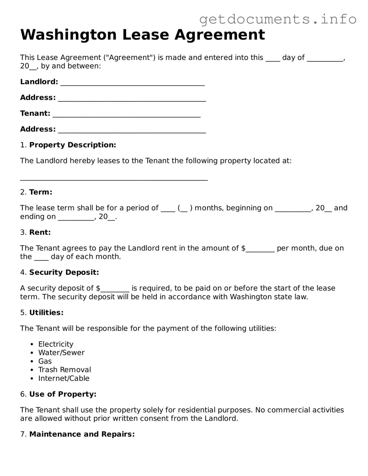 Free  Lease Agreement Template for Washington