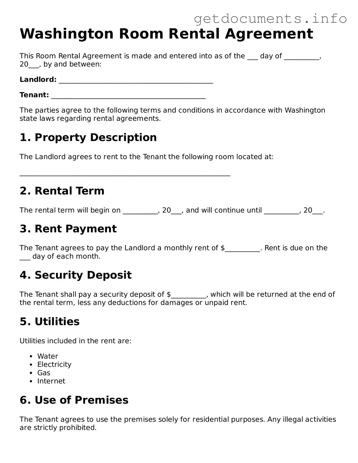 Free Room Rental Agreement Template for Washington