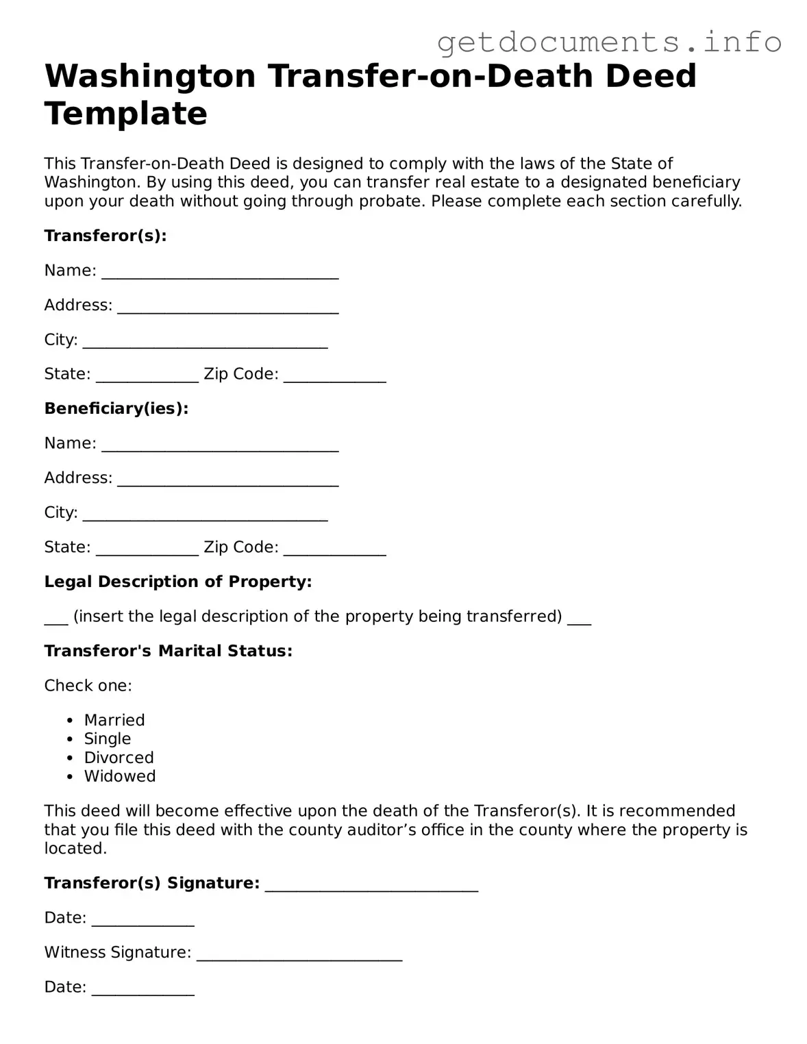 Free Transfer-on-Death Deed Template for Washington