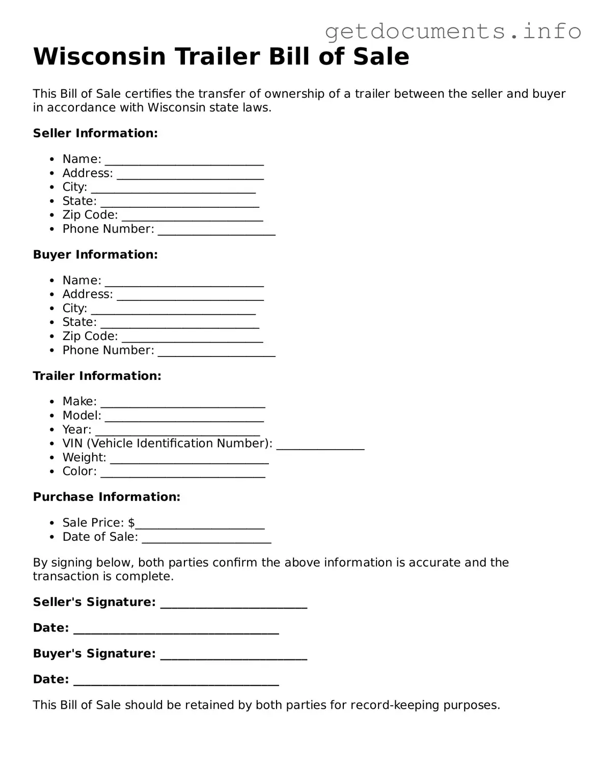 Free Trailer Bill of Sale Template for Wisconsin