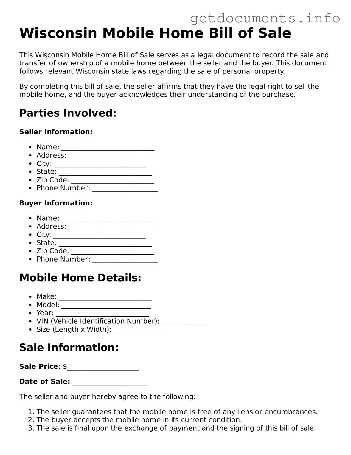 Free Mobile Home Bill of Sale Template for Wisconsin