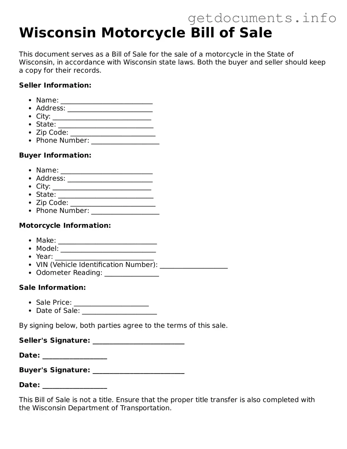 Free Motorcycle Bill of Sale Template for Wisconsin