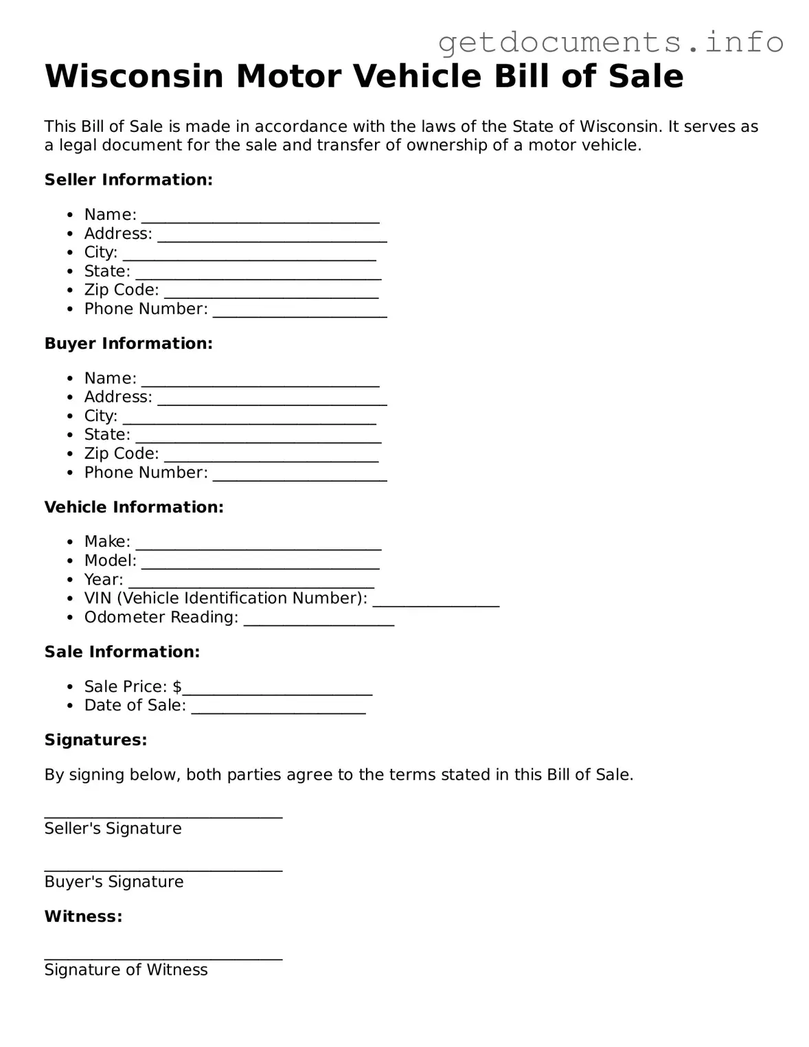 Free Motor Vehicle Bill of Sale Template for Wisconsin