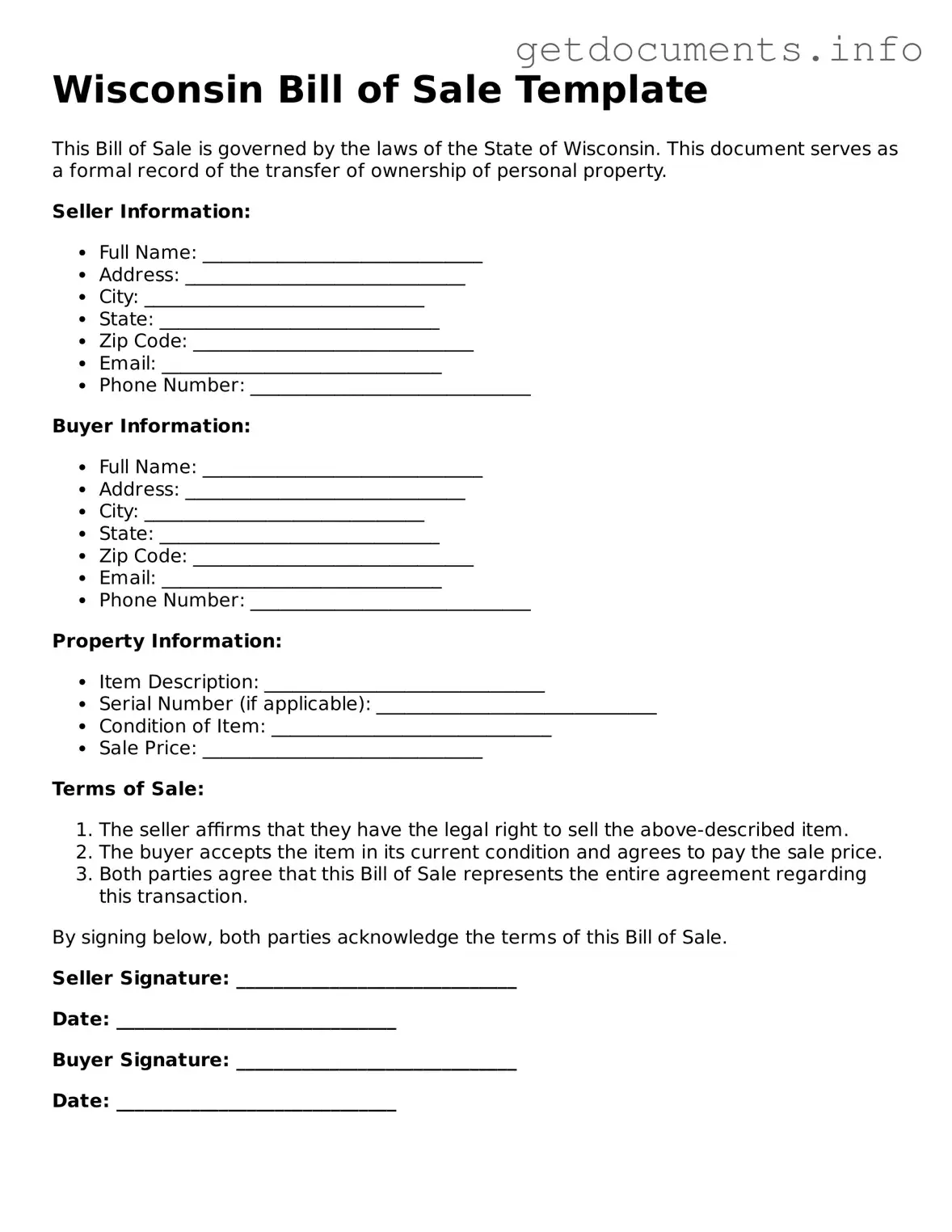 Free  Bill of Sale Template for Wisconsin