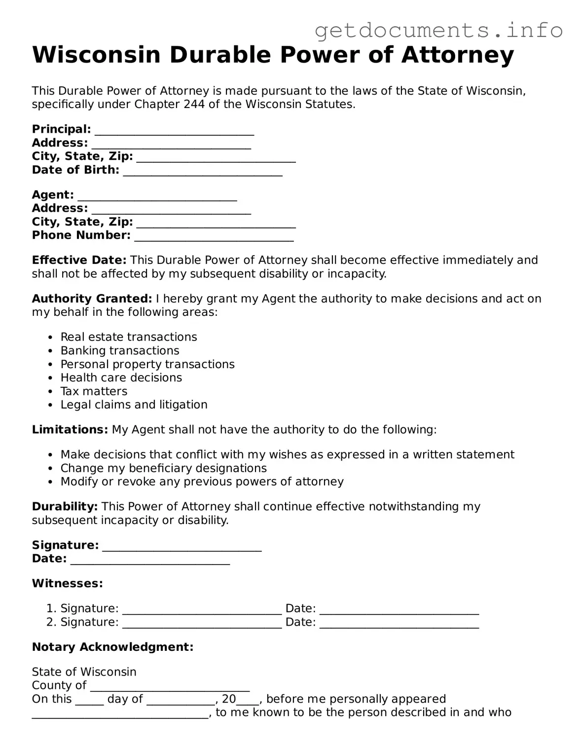 Free  Durable Power of Attorney Template for Wisconsin